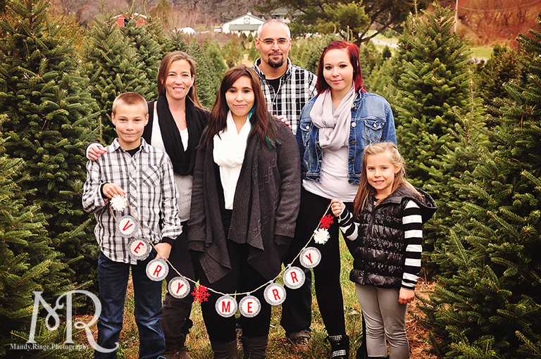 Family Christmas Portrait // Christmas Tree Farm // holding a banner that says 