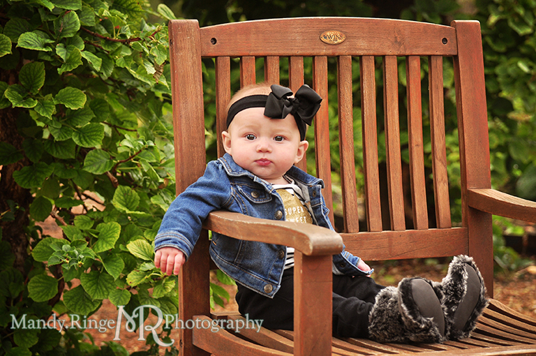 6 month old baby girl portraits // Sitting on a wooden chair // Cantigny Gardens - Wheaton, IL // by Mandy Ringe Photography