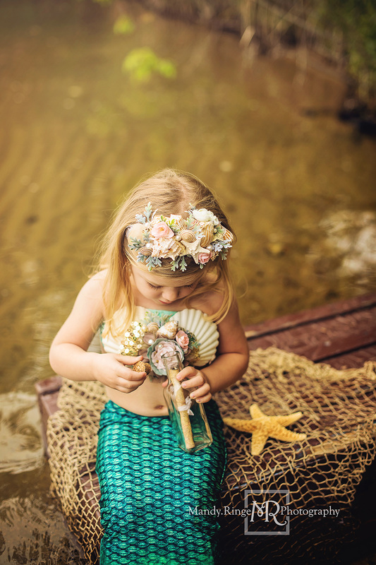 Toddler girl dressed as a mermaid // DIY handmade crown and top, antique trunk, net, starfish, shells, message in a bottle // Lake Ada, Minnesota // by Mandy Ringe Photography - St. Charles, IL Photographer