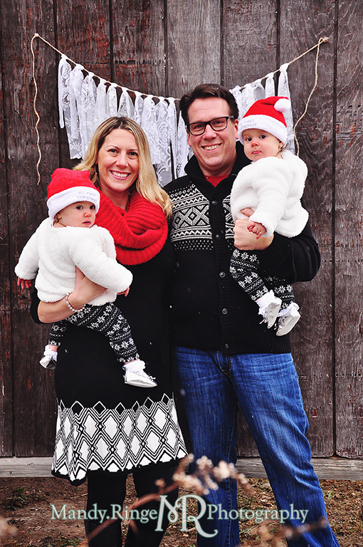 Outdoor winter family photo with twins // Dark wood background, lace rag banner, santa hats // Ferson Creek Fen - St Charles, IL // by Mandy Ringe Photography