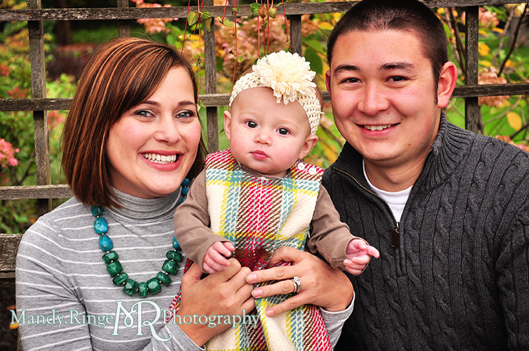 6 month old baby girl portraits // Posing with parents in front of a trellis // Cantigny Gardens - Wheaton, IL // by Mandy Ringe Photography
