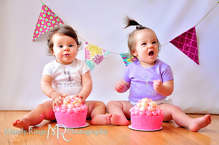 Twin girl's first birthday portraits // Cupcake smash cake, fabric pennants, pink, teal, fuchsia, yellow, rhinestone name shirts // by Mandy Ringe Photography