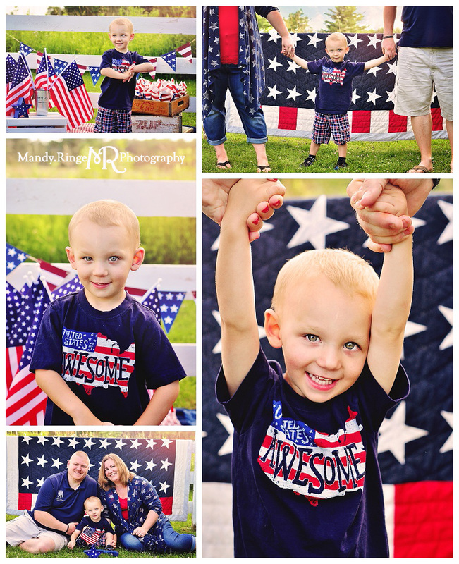 Stars and stripes patriotic mini session // Fourth of July, red, white and blue, quilt, flags, pennant banner, Radio Flyer wagon, white fence // St. Charles, IL // by Mandy Ringe Photography