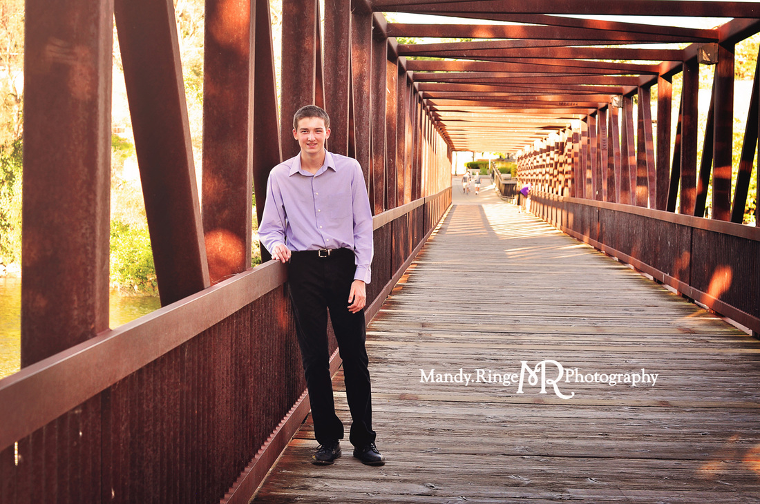 Male senior portraits // pedestrian bridge // Batavia Riverwalk - Batavia, IL // by Mandy Ringe Photography