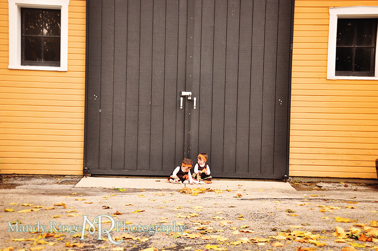 Fall portraits of 9 month old twins wearing Thanksgiving dresses // Sitting in front of a yellow barn // St. James Farm - Wheaton, IL // by Mandy Ringe Photography