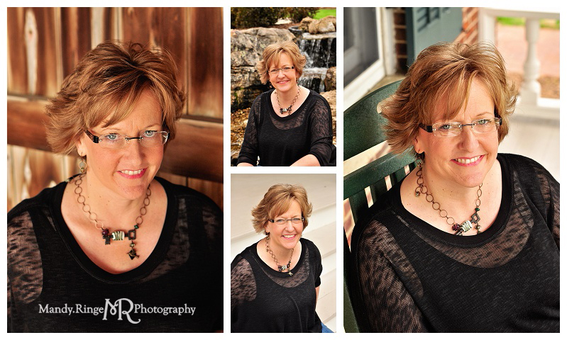 Professional headshots // outdoors with waterfall, sitting in a chair, gray stairs, dark interior barn wood // Geneva, IL // by Mandy Ringe Photography