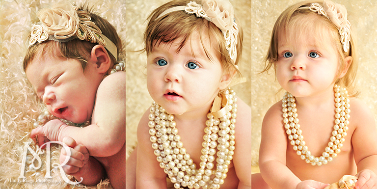 newborn, 6 months old, 12 month old portrait with pearls and ivory flower headband // by Mandy Ringe Photography
