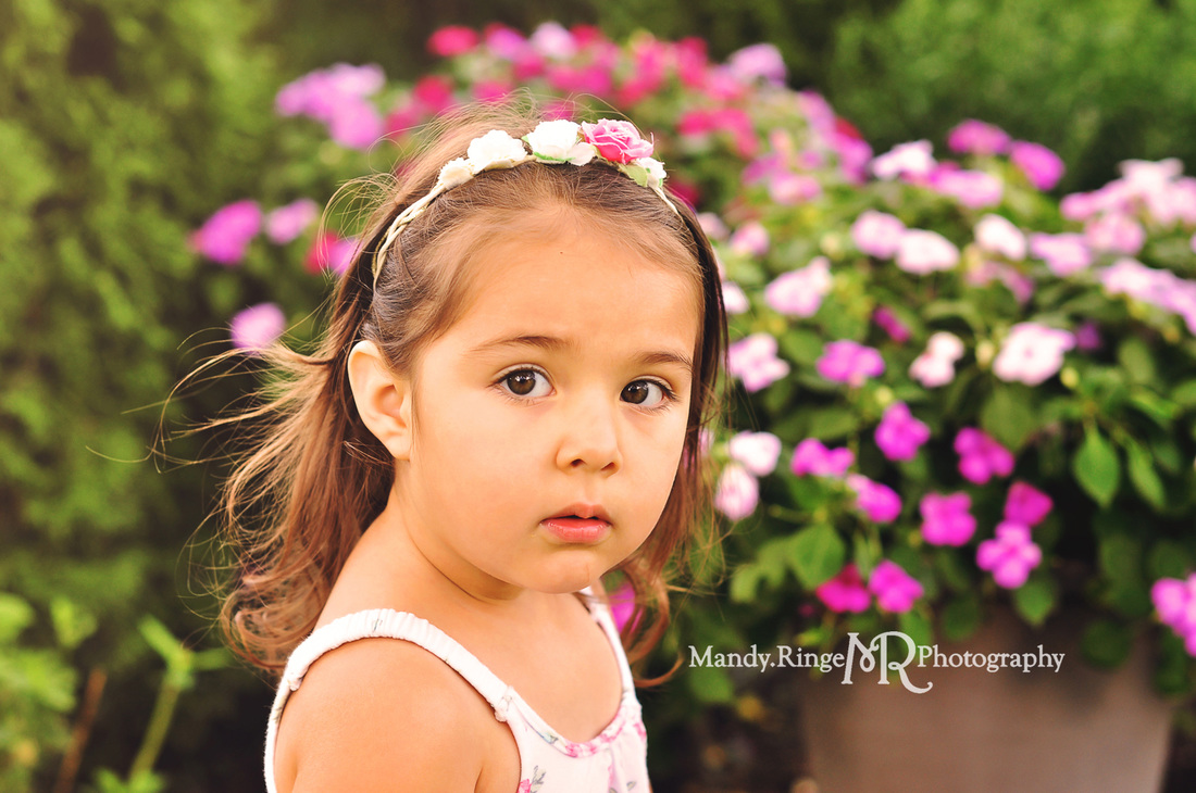 2 year old girl // flowers, summer, pink // St. Charles, IL // by Mandy Ringe Photography
