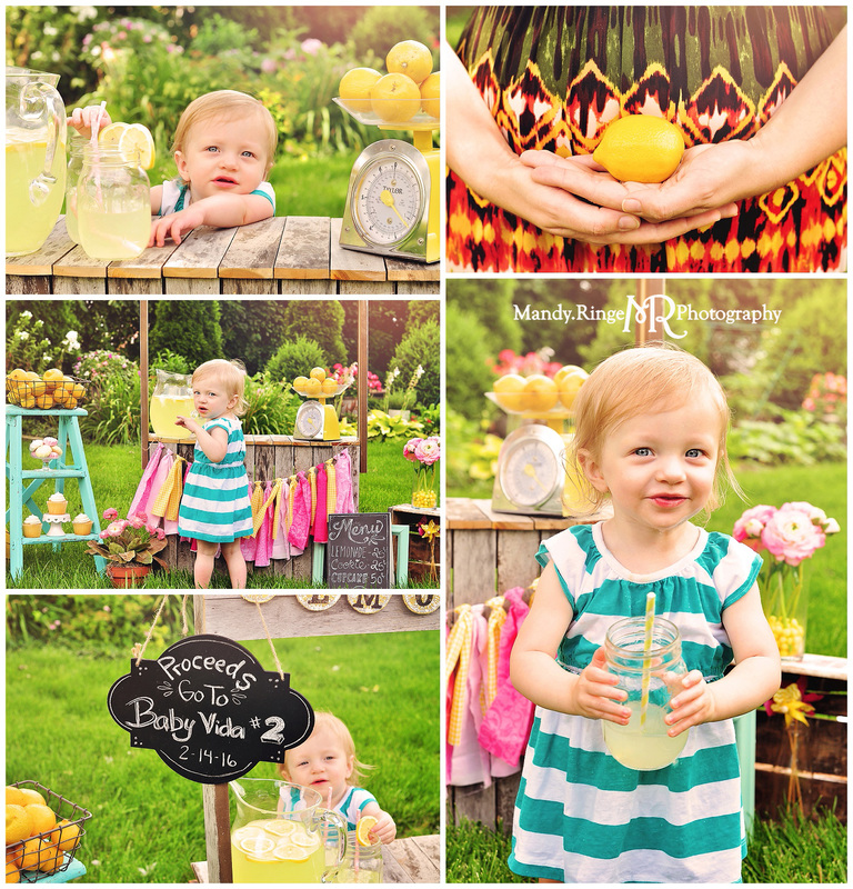 Lemonade stand styled mini session // wooden stand, lemons, pink, yellow, teal, chalkboard, scale, rag garland, sweets // St. Charles, IL // by Mandy Ringe Photography