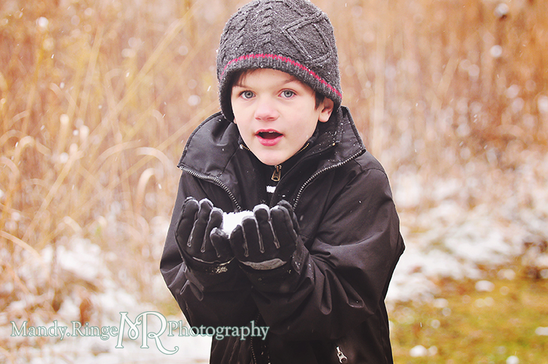Outdoor winter photo of young boy holding snow // Prairie background,  rustic setting, // Ferson Creek Fen - St Charles, IL // by Mandy Ringe Photography