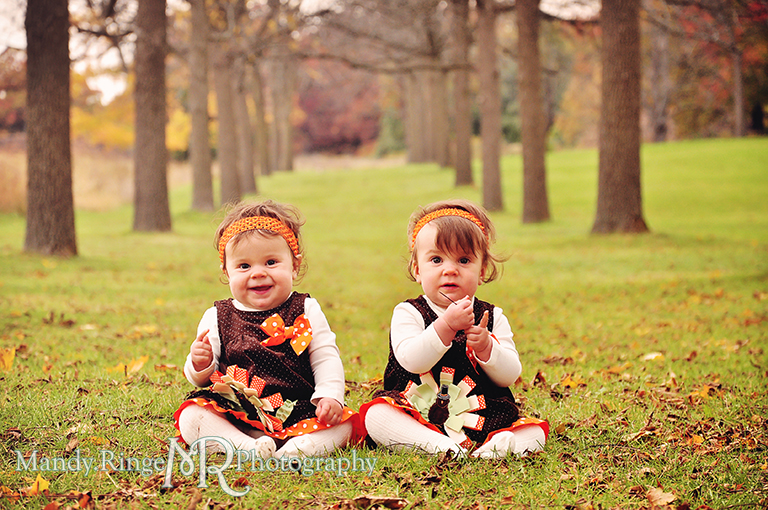 Fall portraits of 9 month old twins wearing Thanksgiving dresses // Sitting in an allée of trees // St. James Farm - Wheaton, IL // by Mandy Ringe Photography