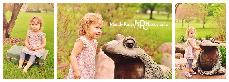Sisters - sibling portraits // Spring session, vintage suitcase, frog statue // Mt. St. Mary's Park - St. Charles, IL // by Mandy Ringe Photography