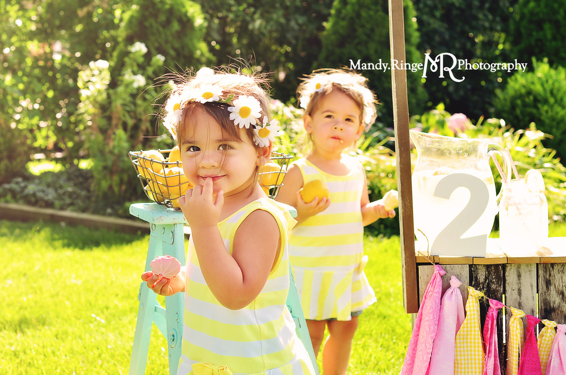 Lemonade stand styled mini session // wooden stand, lemons, pink, yellow, teal, chalkboard, scale, rag garland, sweets // St. Charles, IL // by Mandy Ringe Photography