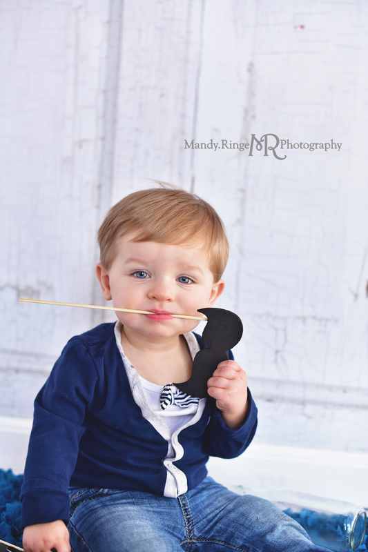 Boy's first birthday portraits // Navy blue and white, bow tie, Little Gentleman theme, mustaches // Traveling studio session at client's home - South Elgin, IL // by Mandy Ringe Photography
