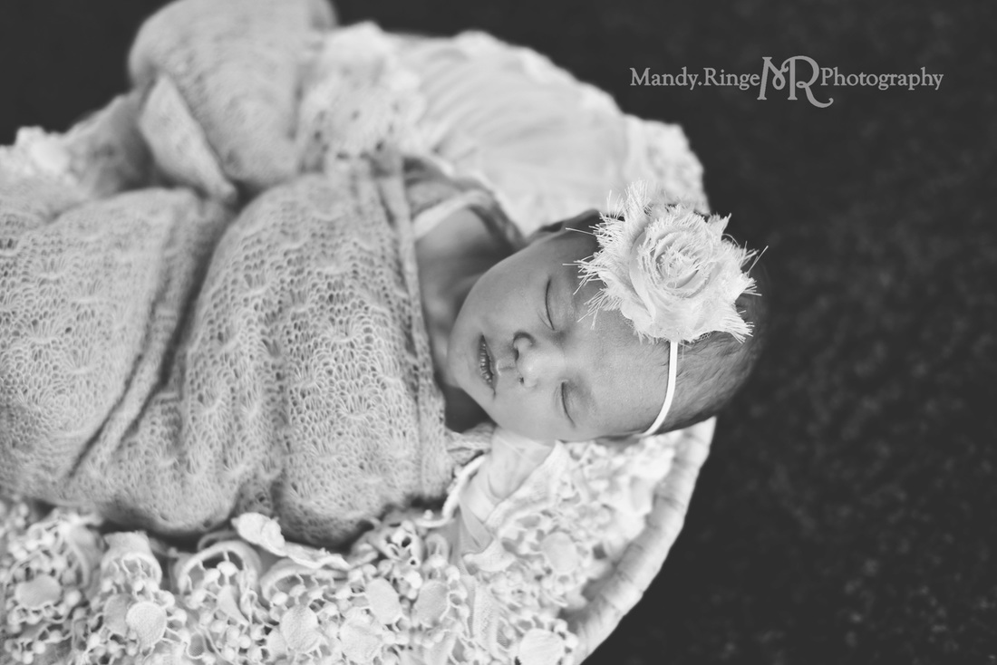 Newborn girl portraits // pink wrap, black rug, round basket, vintage lace stuffer // client's home - Geneva, IL // by Mandy Ringe Photography