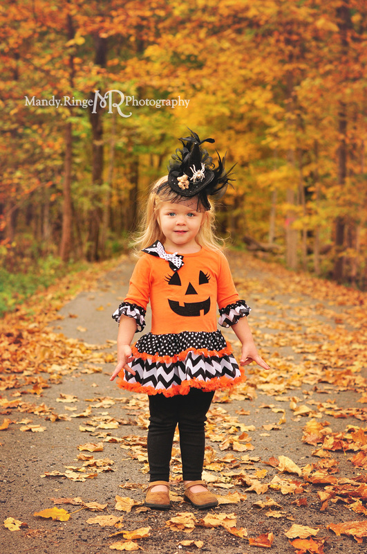 Halloween costume mini session // woods, maple grove, fall foliage, leave, pumpkin dress, fancy witch hat // Bliss Woods - Sugar Grove, IL // by Mandy Ringe Photography