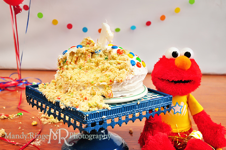 Boy's first birthday Elmo themed photo shoot // Smash cake session // Red pennant banners, multicolor dot garland, Elmo doll, balloons, cake with M&Ms // by Mandy Ringe Photography