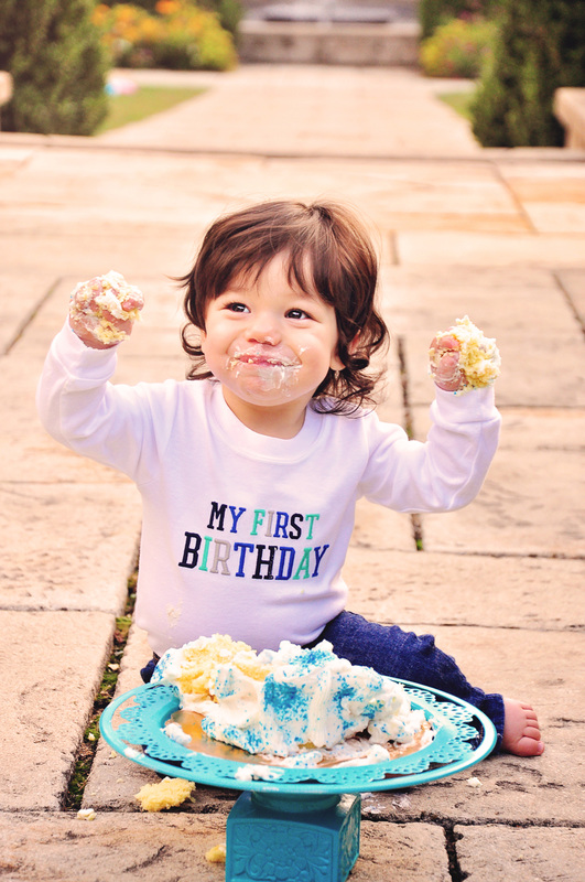 First birthday portraits // boy, cake smash, garden, outdoors, 12 months // Hurley Gardens - Wheaton, IL // by Mandy Ringe Photography