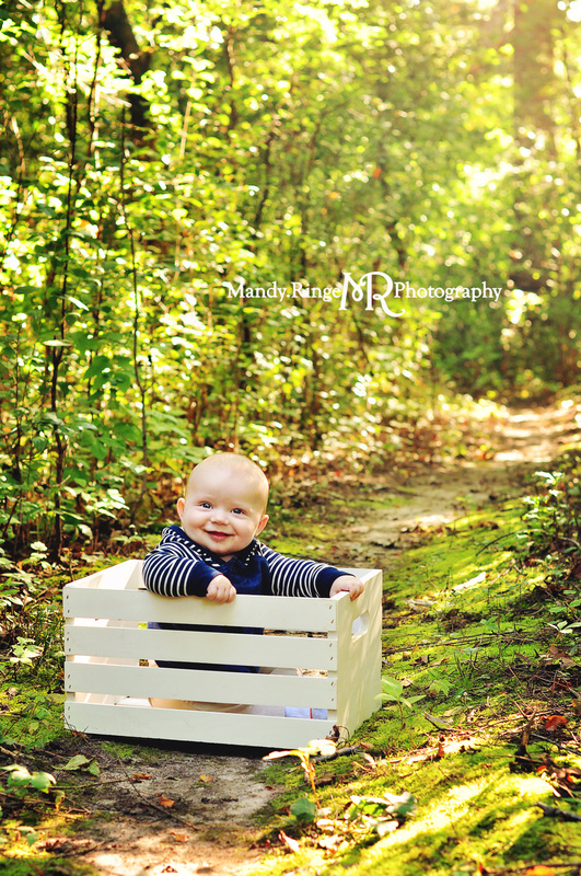 6 month portraits // baby boy, white crate, forest path // Delnor Woods - St Charles, IL // by Mandy Ringe Photography