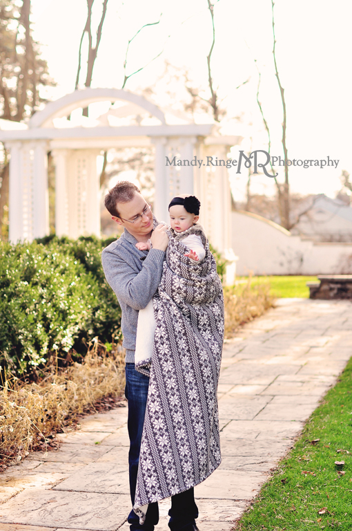 9 month milestone portraits, with daddy // Outdoors, fur vest // Hurley Gardens - Wheaton, IL // by Mandy Ringe Photography