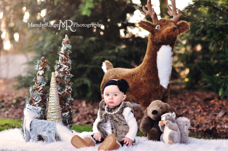 9 month milestone portraits, family portrait // Outdoors, fur vest, white fur, woodland critters, stuffed animals, fox, deer, squirrel, bear // Hurley Gardens - Wheaton, IL // by Mandy Ringe Photography