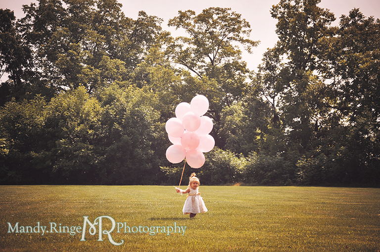 Baby girl's first birthday // Pink balloons, white and gold dress, standing out in a field // Delnor Woods - St Charles, IL // by Mandy Ringe Photography