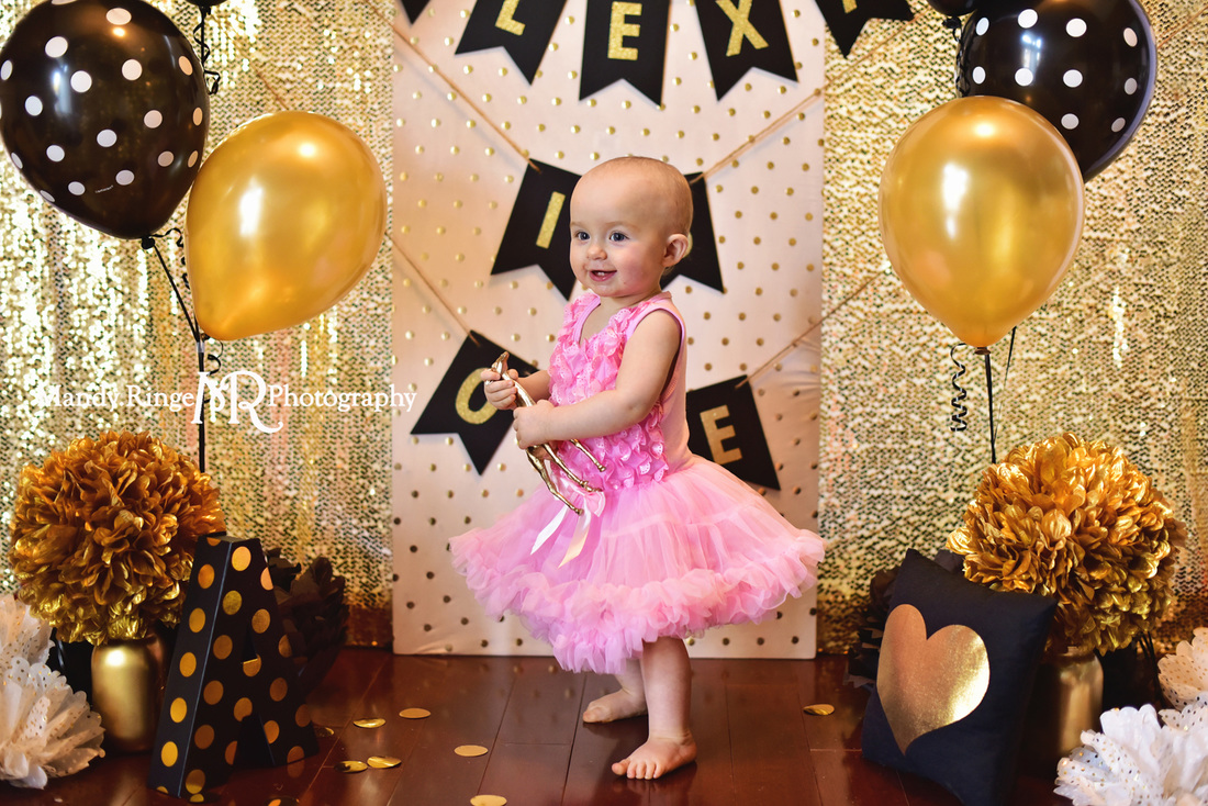 Black and gold first birthday portraits // one year old girl, smash cake, pink, sequins, glitter, bling, glam, safari, gold animals, polka dots // St. Charles, IL // by Mandy Ringe Photography