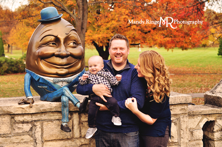 Fall family portraits // Fall foliage, orange maple leaves, Humpty Dumpty, Mr. Eggwards // Mount St. Mary's Park - St. Charles, IL // by Mandy Ringe Photography