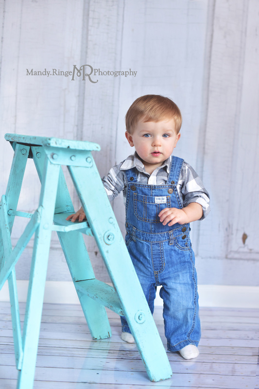 Boy's first birthday portraits // Gray, blue, overalls, shabby teal ladder, vintage inspired // Traveling studio session at client's home - South Elgin, IL // by Mandy Ringe Photography