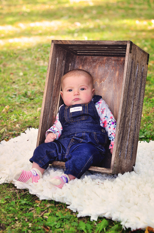 Baby portraits // 3 month old girl, denim overalls, white rag rug, sitting in a wooden crate // Leroy Oakes Forest Preserve - St. Charles, IL // by Mandy Ringe Photography