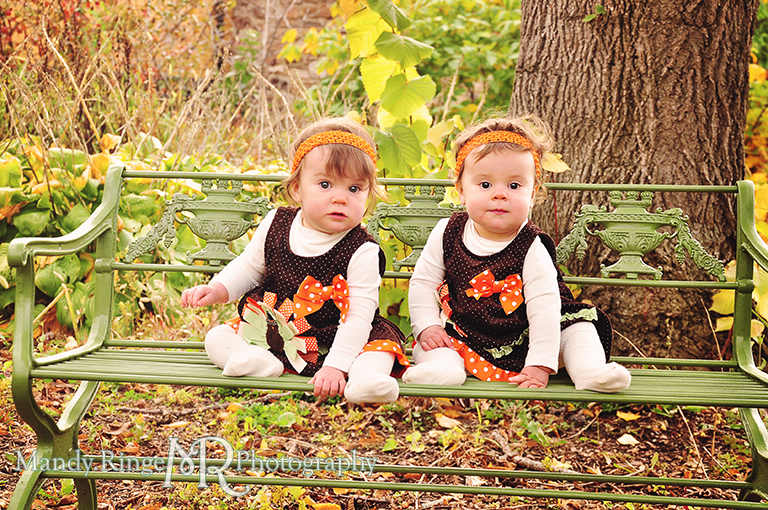 Fall portraits of 9 month old twins wearing Thanksgiving dresses // Sitting on a green metal bench in a garden // St. James Farm - Wheaton, IL // by Mandy Ringe Photography