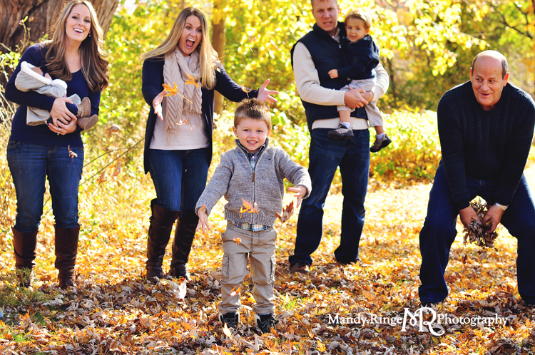 Fall extended family portraits // fall trees, throwing leaves // Delnor Woods Park - St. Charles, IL // by Mandy Ringe Photography