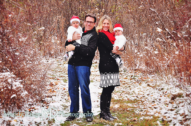 Outdoor winter family photo with twins // Prairie background, twig snowflakes, rustic setting // Ferson Creek Fen - St Charles, IL // by Mandy Ringe Photography