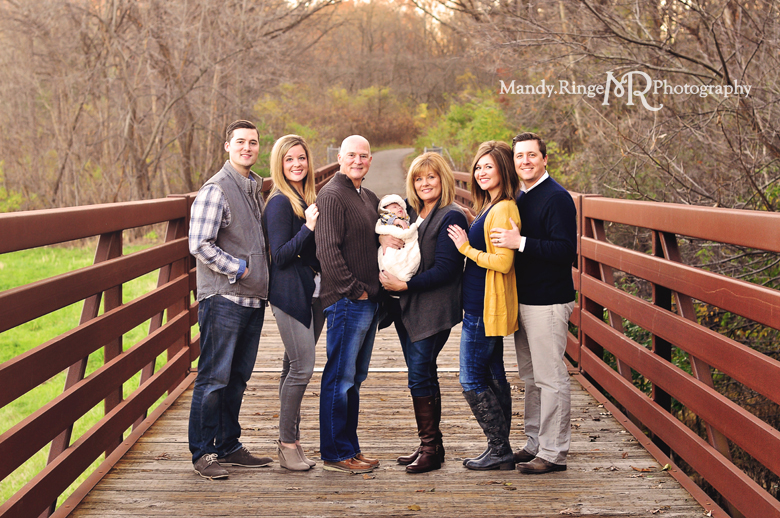 Extended Family Portrait Session // Outdooor fall photos, long pedestrian bridge, woods // Leroy Oakes Forest Preserve - St Charles, IL // by Mandy Ringe Photography