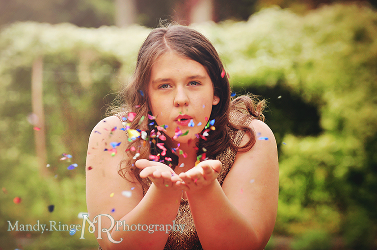 Teen girl portrait - Sweet Sixteen // Blowing a handful of confetti // Fabyan Forest Preserve // by Mandy Ringe Photography
