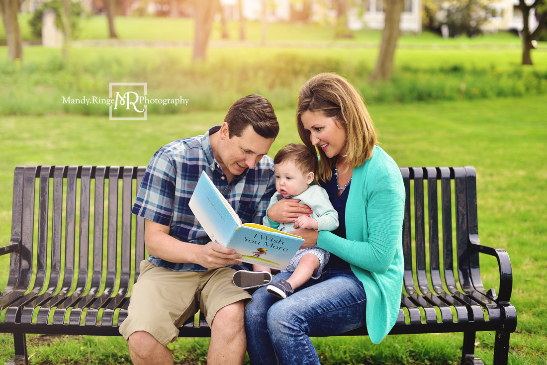 Spring family portraits // family of three, park bench, reading a book, I Wish You More,  teal and navy // Mount St. Mary Park - St. Charles, IL // by Mandy Ringe Photography