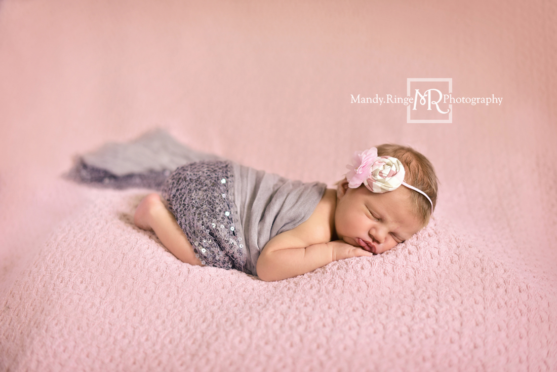 Newborn girl portraits // Pink knit posing blanket, bum up pose, gray wrap, silver sequins, Birdie Baby Boutique headband // Client's home - St Charles, IL // Mandy Ringe Photography