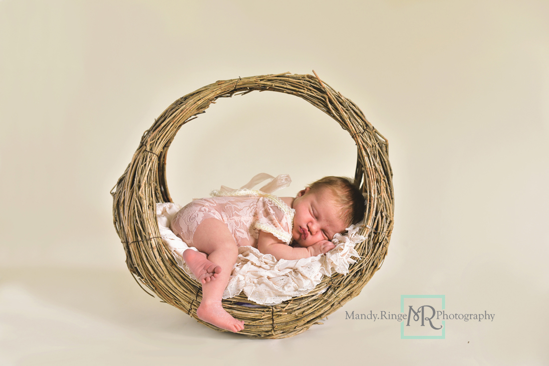 Newborn girl portraits // Round willow basket prop, vertical basket, lace outfit // Client's home - St Charles, IL // Mandy Ringe Photography