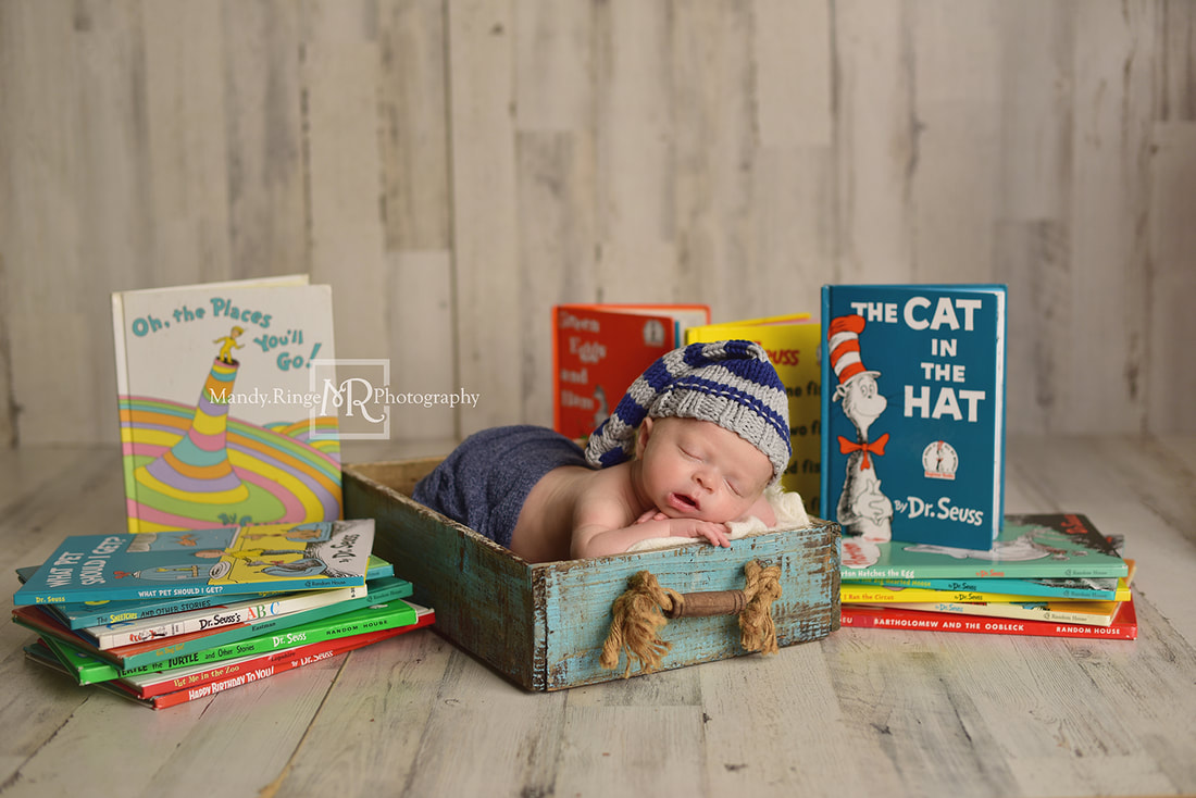 Newborn boy portraits // Shabby blue crate prop, Dr. Seuss books, Cat in the Hat, Oh the Places You'll Go, White Pine Home Depot Panels // St. Charles, IL studio // by Mandy Ringe Photography