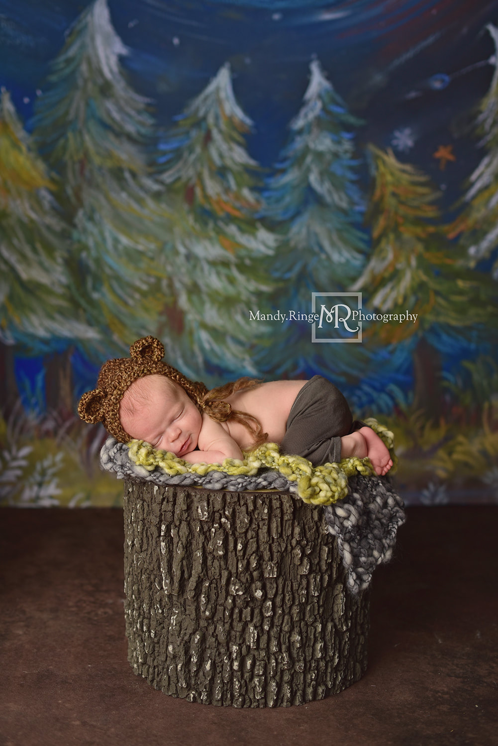 Newborn boy portraits // Fake tree stump prop, knit layers, crochet bear hat, Happy Camper Backdrop, Dirt Floordrop, Intuitions Backgrounds // St. Charles, IL studio // by Mandy Ringe Photography