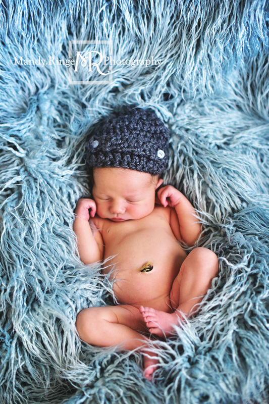 Newborn boy portraits // blue curly flokati fur // Client's home - travelling studio - Geneva, IL // Mandy Ringe Photography