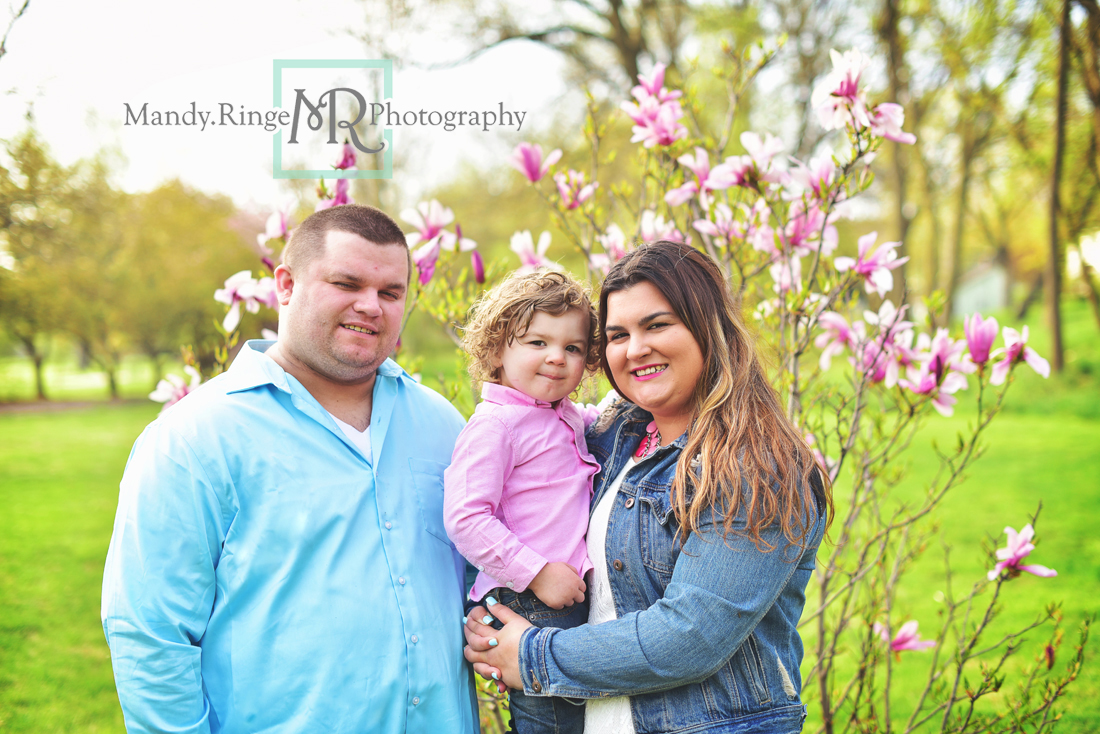 Spring family portraits // magnolia blossoms, pink and blue, outdoors, family of three, flowers // Mount St. Mary Park - St Charles, IL // by Mandy Ringe Photography
