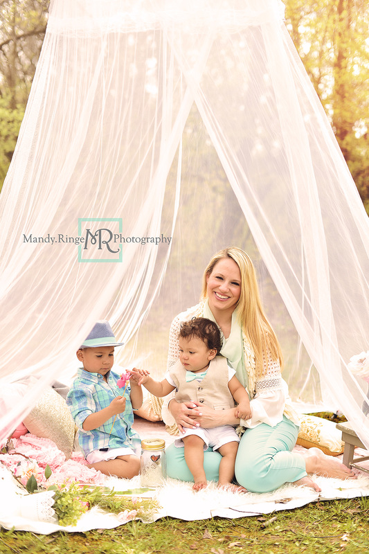 Mommy and Me styled mini session // outdoors, hoop canopy, pillows, pink, gold, gray // St Charles, IL - by Mandy Ringe Photography