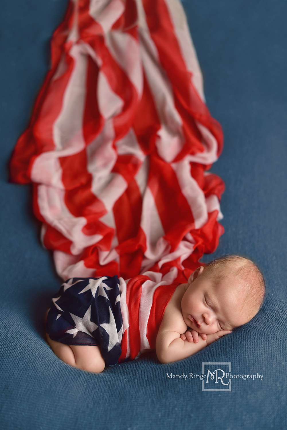 Newborn boy portraits // Flag scarf, patriotic, America, bum up pose, blue blanket // St. Charles, IL studio // by Mandy Ringe Photography