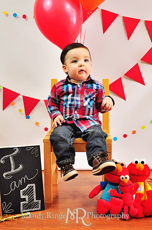 Boy's first birthday // Elmo theme // Red pennant banners, multicolor dot garland, balloons, chair, chalkboard, Elmo dolls // by Mandy Ringe Photography