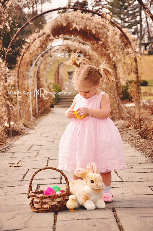 Outdoor Easter portrait session // Bunny rabbit, Easter basket, eggs, chick // Fabyan Forest Preserve // by Mandy Ringe Photography