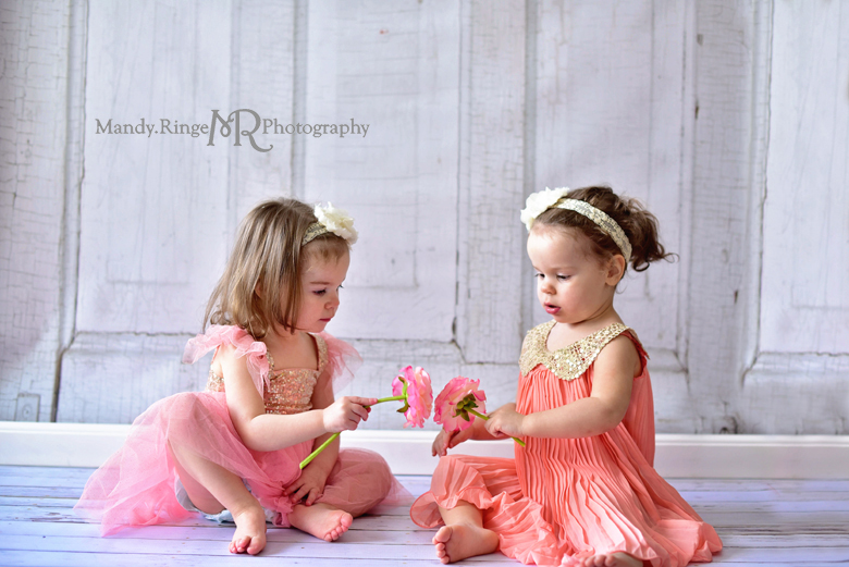 Twin girls' second birthday photo shoot // Vintage inspired, pink and gold dresses, pleated dress, tutu // Client's home - Winfield, IL // by Mandy Ringe Photography