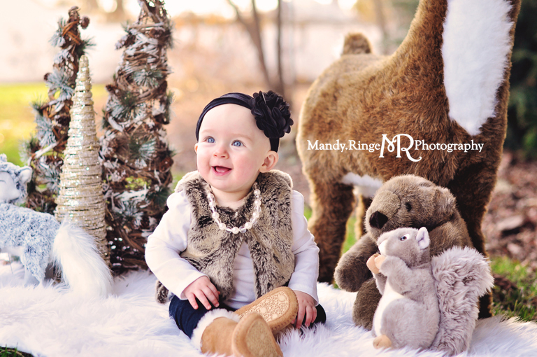 9 month milestone portraits, family portrait // Outdoors, fur vest, white fur, woodland critters, stuffed animals, fox, deer, squirrel, bear // Hurley Gardens - Wheaton, IL // by Mandy Ringe Photography