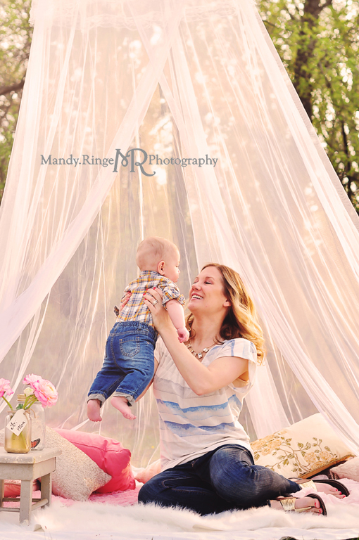 Mommy and me styled mini session portraits // Hoop canopy, trees, pink, gold, gray, pillows, flowers // St. Charles, IL // Mandy Ringe Photography