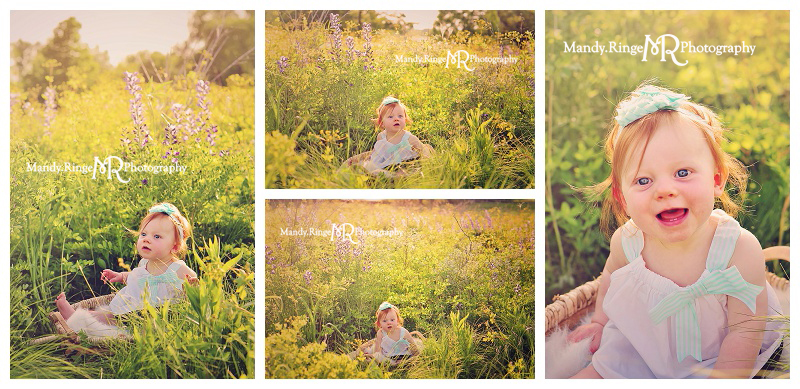 8 month old girl portraits // Wild indigo field, white and teal dress, prairie wildflowers // St. Charles, IL // by Mandy Ringe Photography